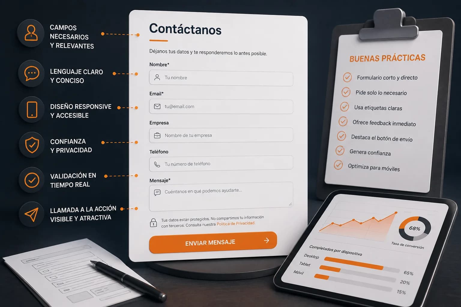 Formulario web claro, breve y responsive diseñado para facilitar el contacto y maximizar la conversión de visitantes