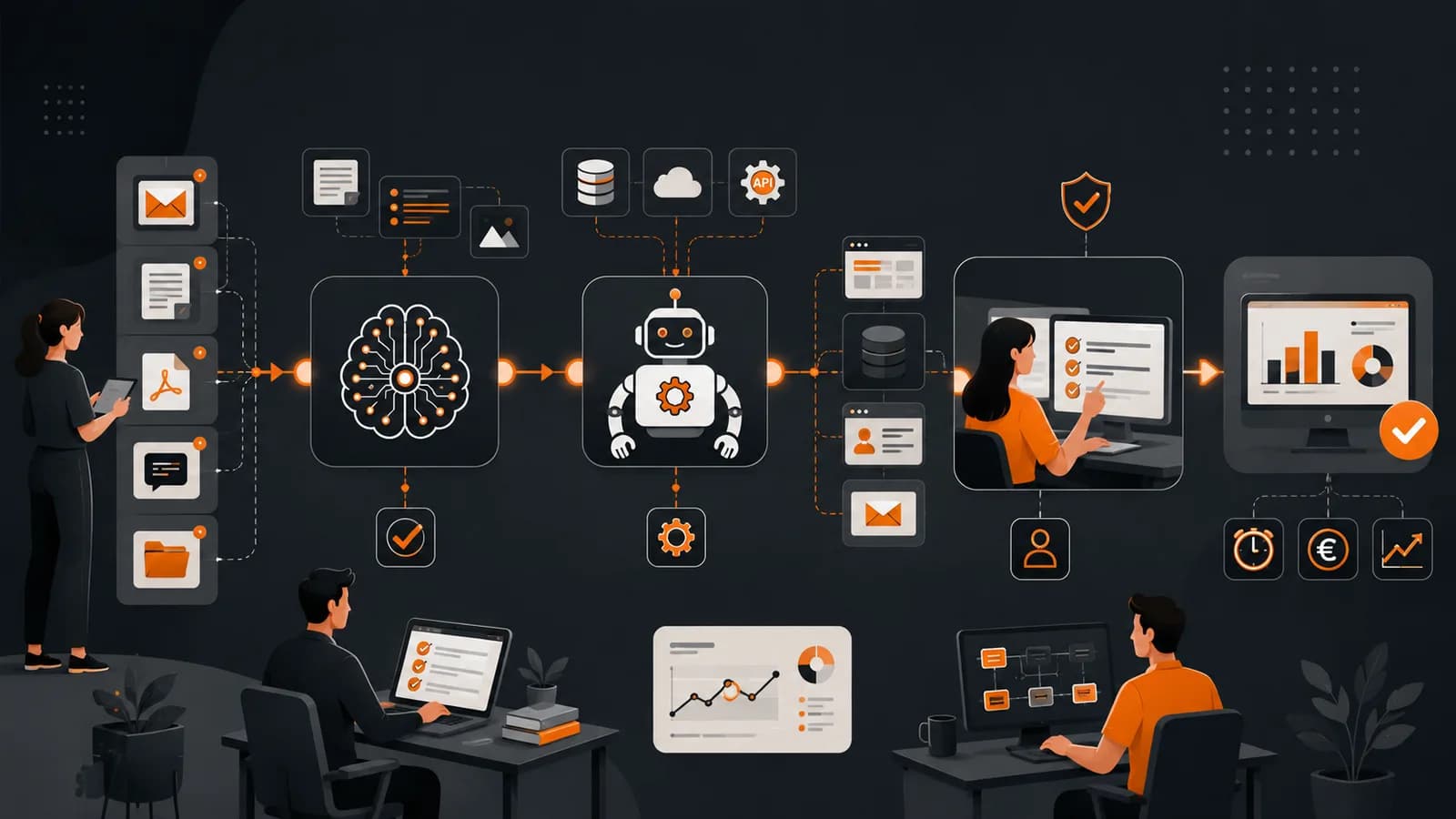 Equipo empresarial organizando un flujo automatizado con inteligencia artificial, RPA y supervisión humana.
