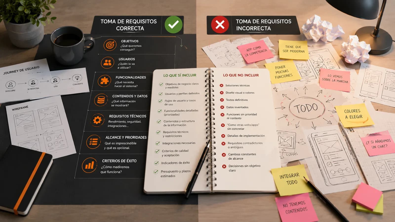 Comparativa entre una recogida de requisitos correcta para una web o app y otra desorganizada, con objetivos, usuarios, funcionalidades, prioridades y criterios de éxito