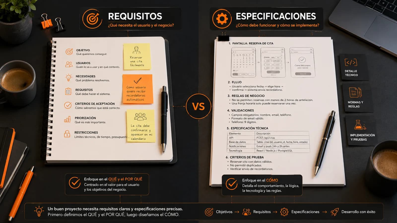 Comparación entre requisitos y especificaciones en el desarrollo de una web o app, con objetivos, usuarios, criterios de aceptación, reglas técnicas y pruebas