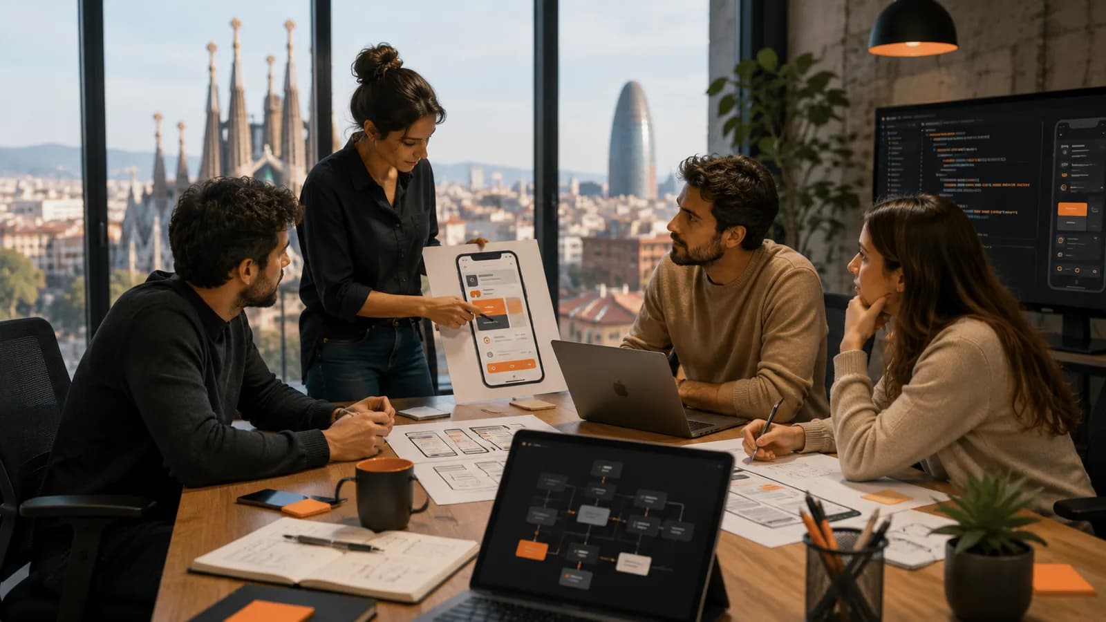 Equipo de desarrollo de aplicaciones en Barcelona revisando un prototipo móvil y la estrategia técnica del proyecto.