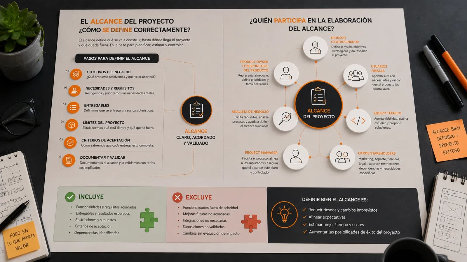 Definición del alcance de un proyecto web, app o software con objetivos, entregables, límites y participantes como sponsor, project manager, usuarios y equipo técnico