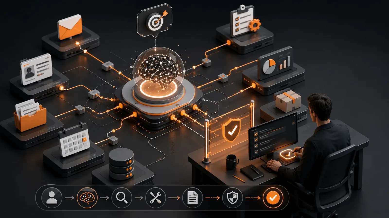 Agente de inteligencia artificial coordinando herramientas empresariales con controles y aprobación humana