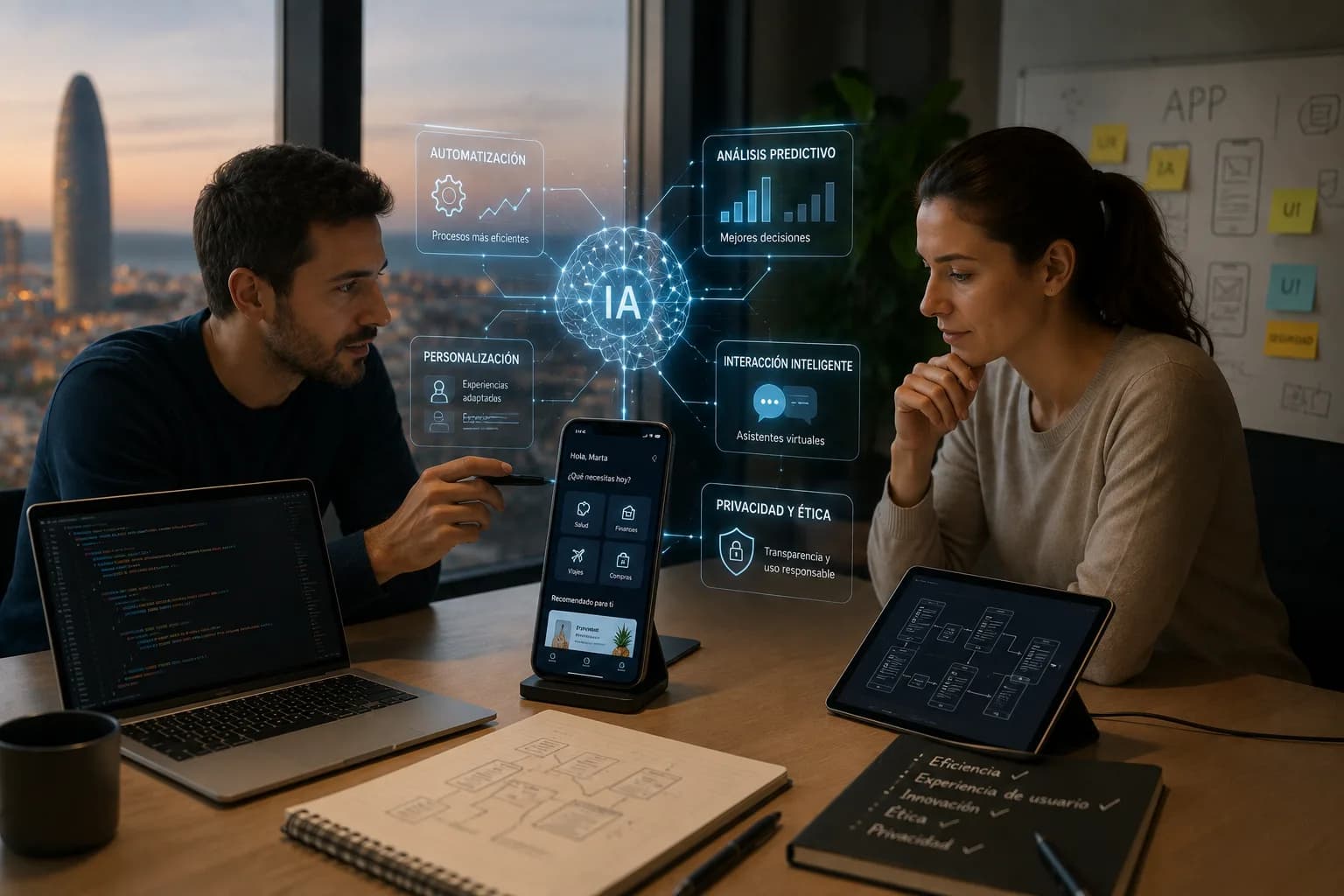 Equipo desarrollando una app con inteligencia artificial para mejorar la eficiencia y personalizar la experiencia de usuario, con atención a la privacidad y la ética