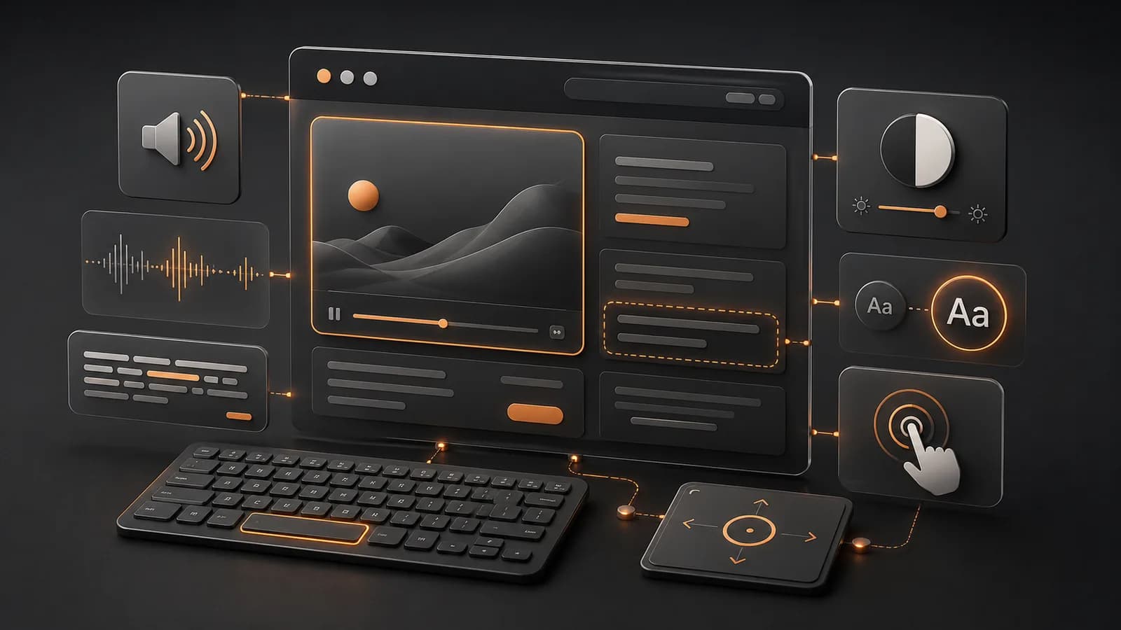 Interfaz web accesible representada mediante controles visuales, teclado, audio y navegación asistida.