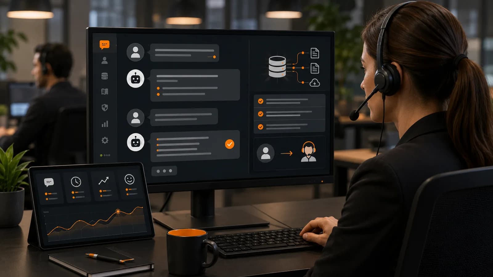 Agente de atención al cliente supervisando un chatbot con IA conectado a datos empresariales y con escalado humano