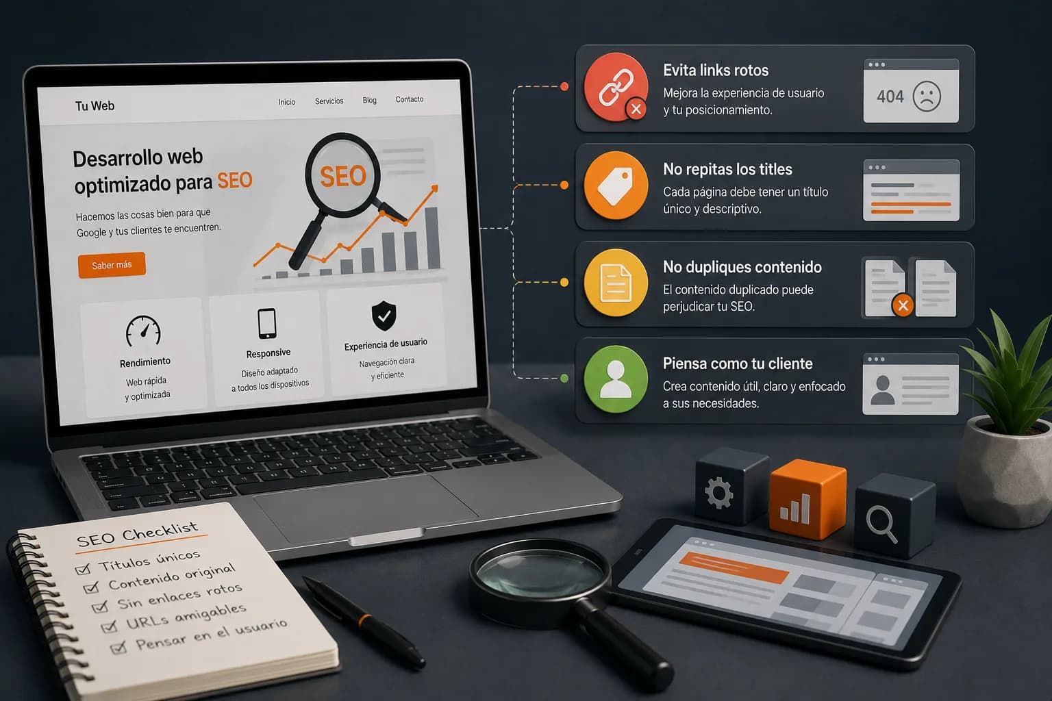 Optimización SEO de una página web evitando enlaces rotos, títulos repetidos y contenido duplicado, con el foco puesto en la experiencia del usuario