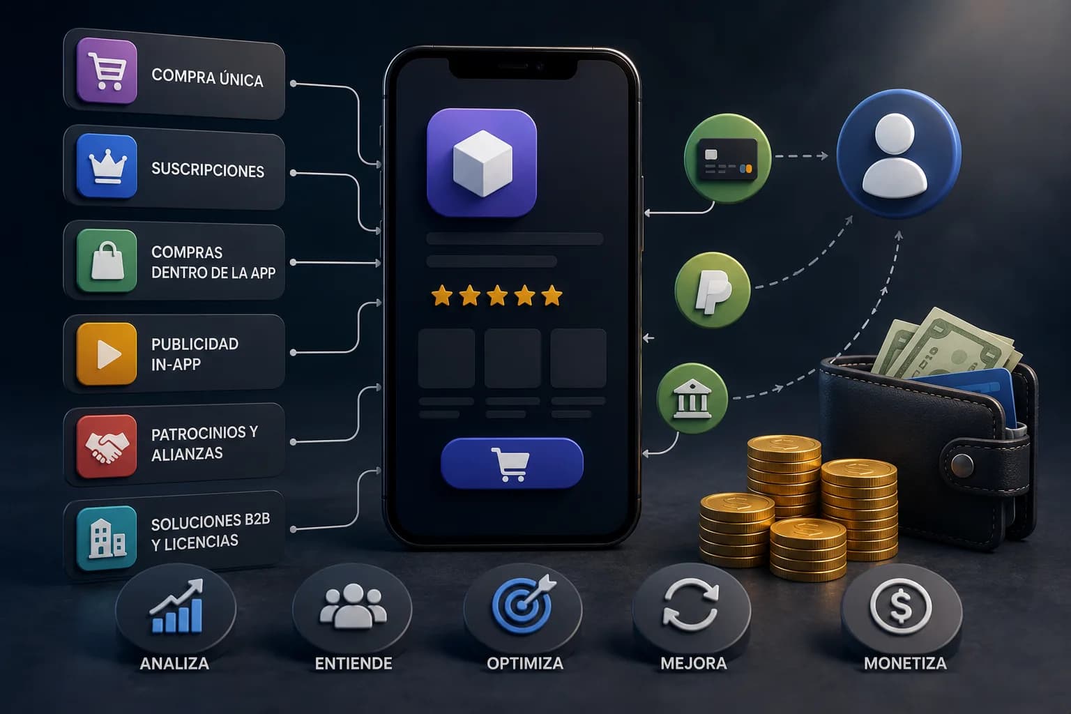 Estrategias de monetización de una app mediante suscripciones, compras integradas, publicidad, comisiones y licencias empresariales