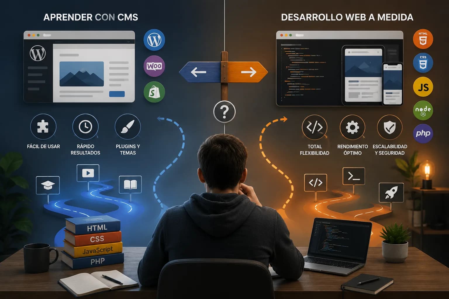 Comparación entre aprender desarrollo web mediante un CMS modular y construir una solución completamente a medida desde código