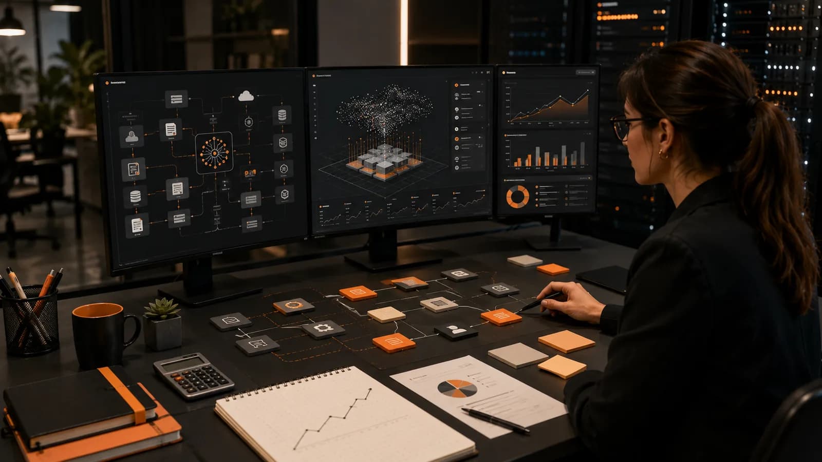Equipo técnico controlando el presupuesto, los datos y el rendimiento de una solución empresarial de inteligencia artificial.