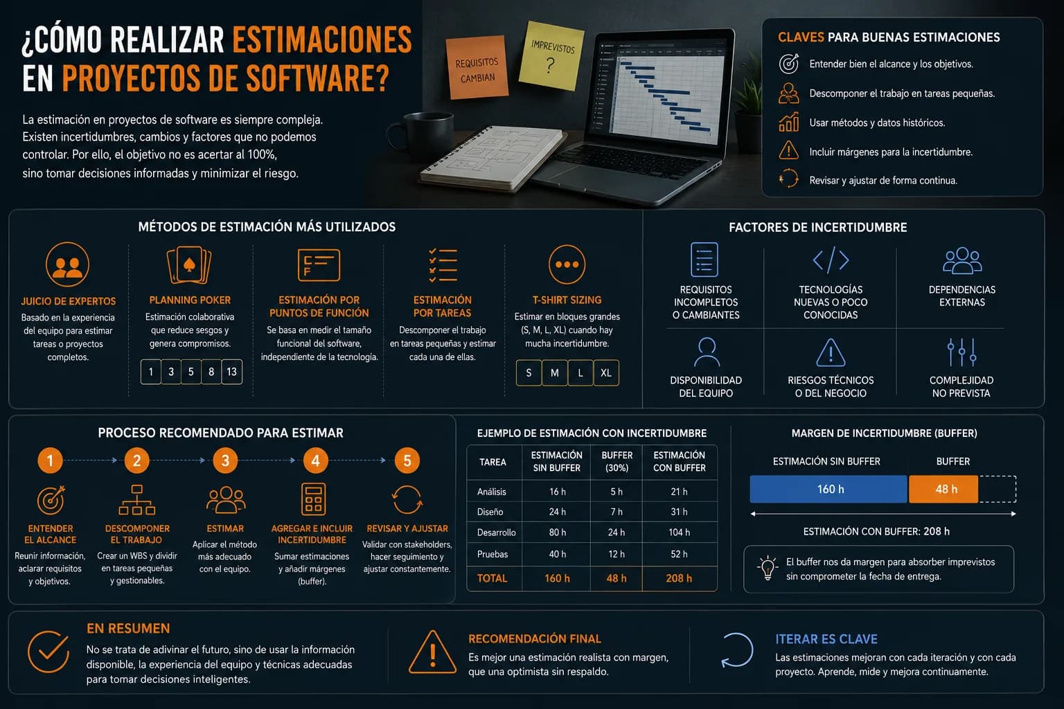Estimación de un proyecto de software con tareas, riesgos, métodos de cálculo y margen de contingencia para afrontar imprevistos