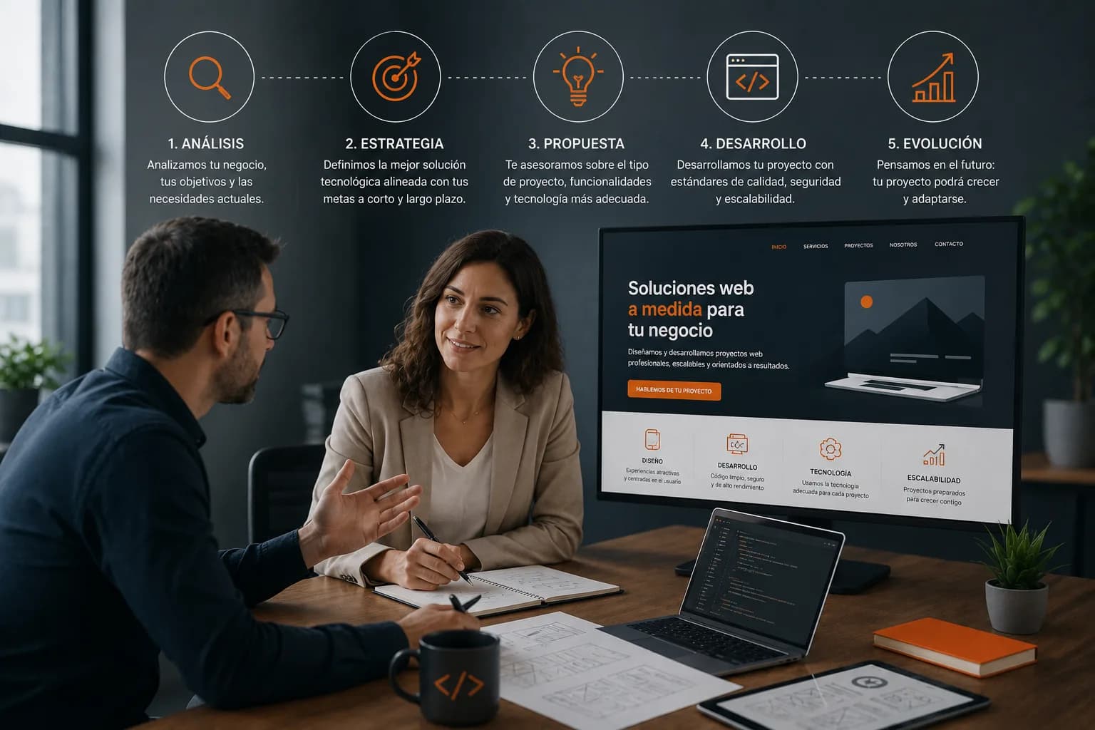 Empresa de desarrollo web asesorando a un cliente sobre necesidades, arquitectura, tecnología y evolución futura de su proyecto