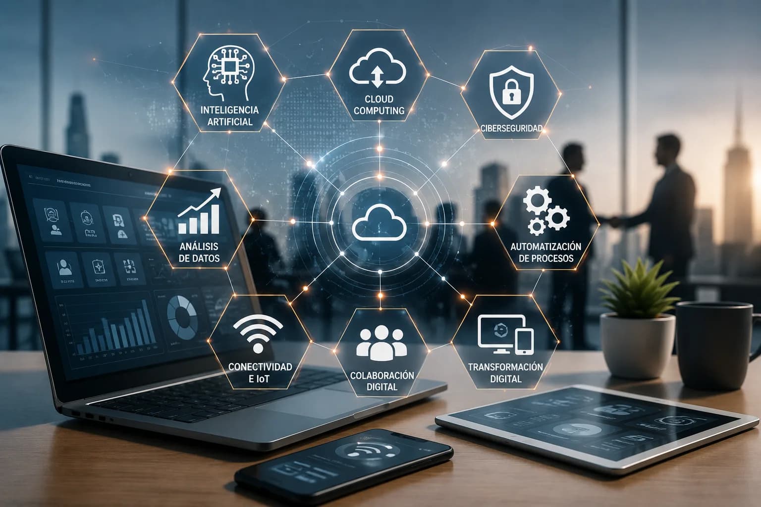 Soluciones tecnológicas conectadas que impulsan la automatización, el análisis de datos, la seguridad y la colaboración en distintos sectores profesionales