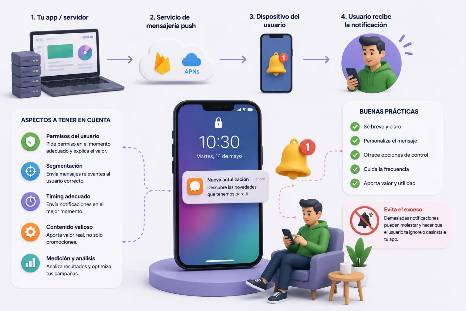 Notificaciones push enviadas desde una app a distintos dispositivos, equilibrando relevancia y frecuencia para evitar saturar al usuario