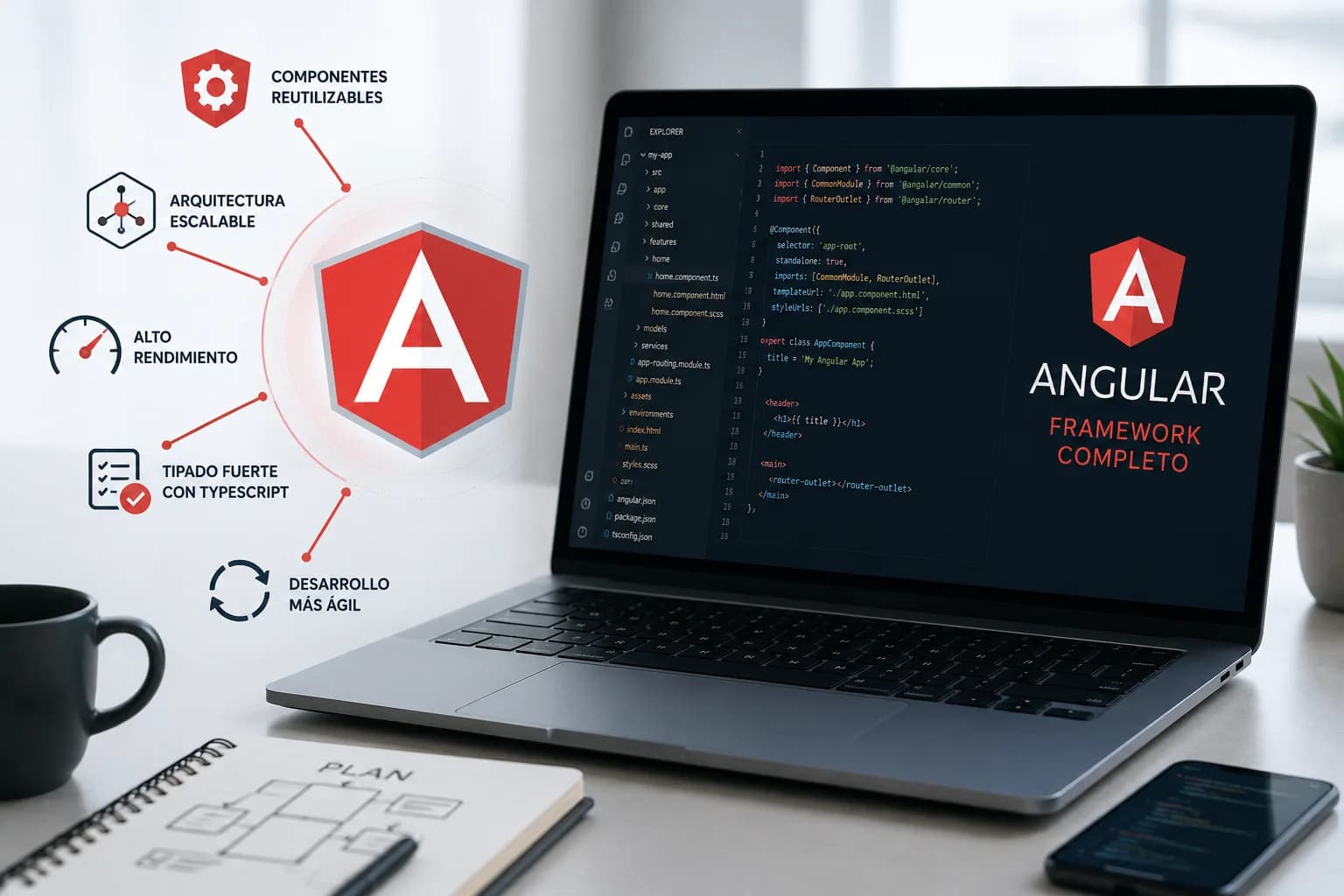 Desarrollo web con Angular representado mediante una arquitectura modular de componentes, rutas, servicios y datos conectados