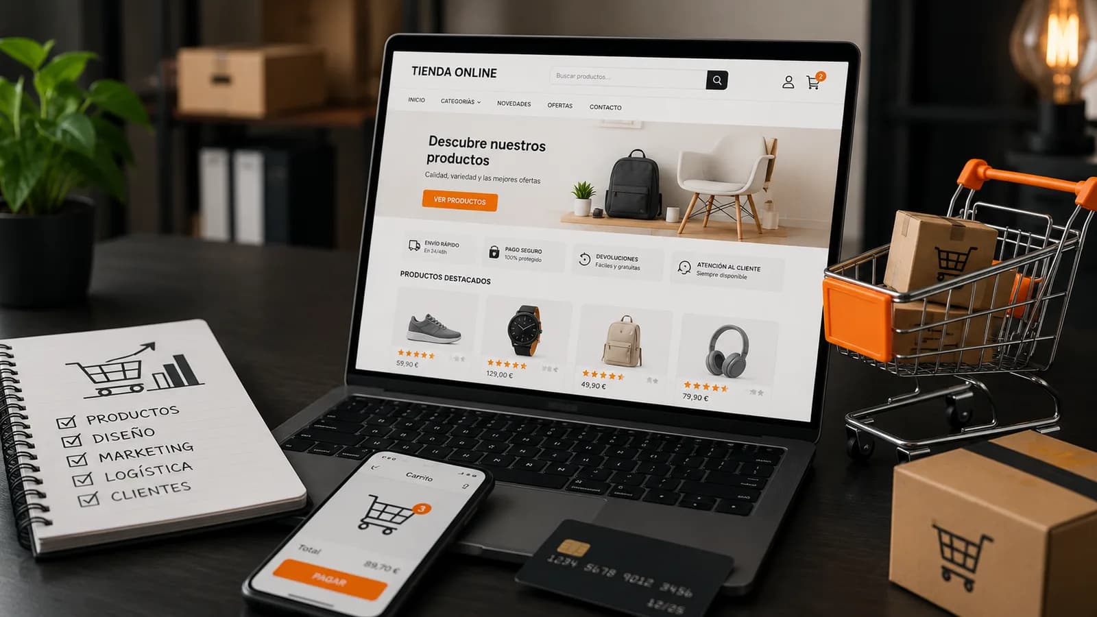 Creación de un negocio de comercio electrónico con tienda virtual, productos, pagos online, pedidos y envíos a clientes