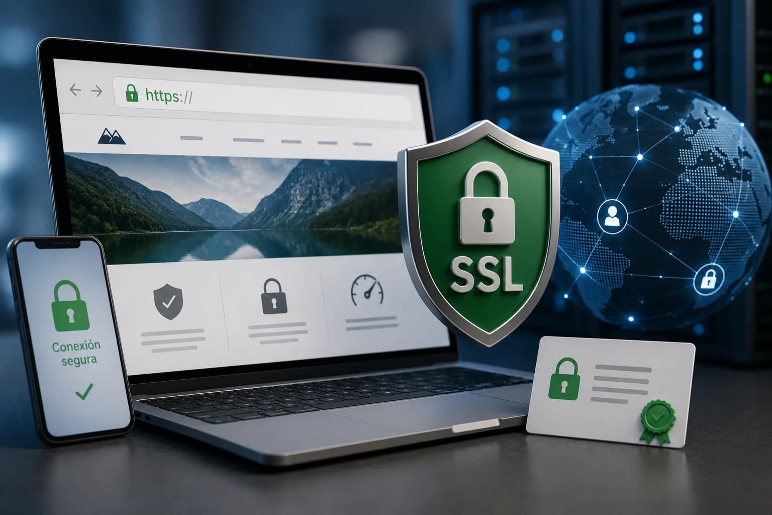 Certificado SSL protegiendo la conexión cifrada entre una página web, el servidor y sus visitantes