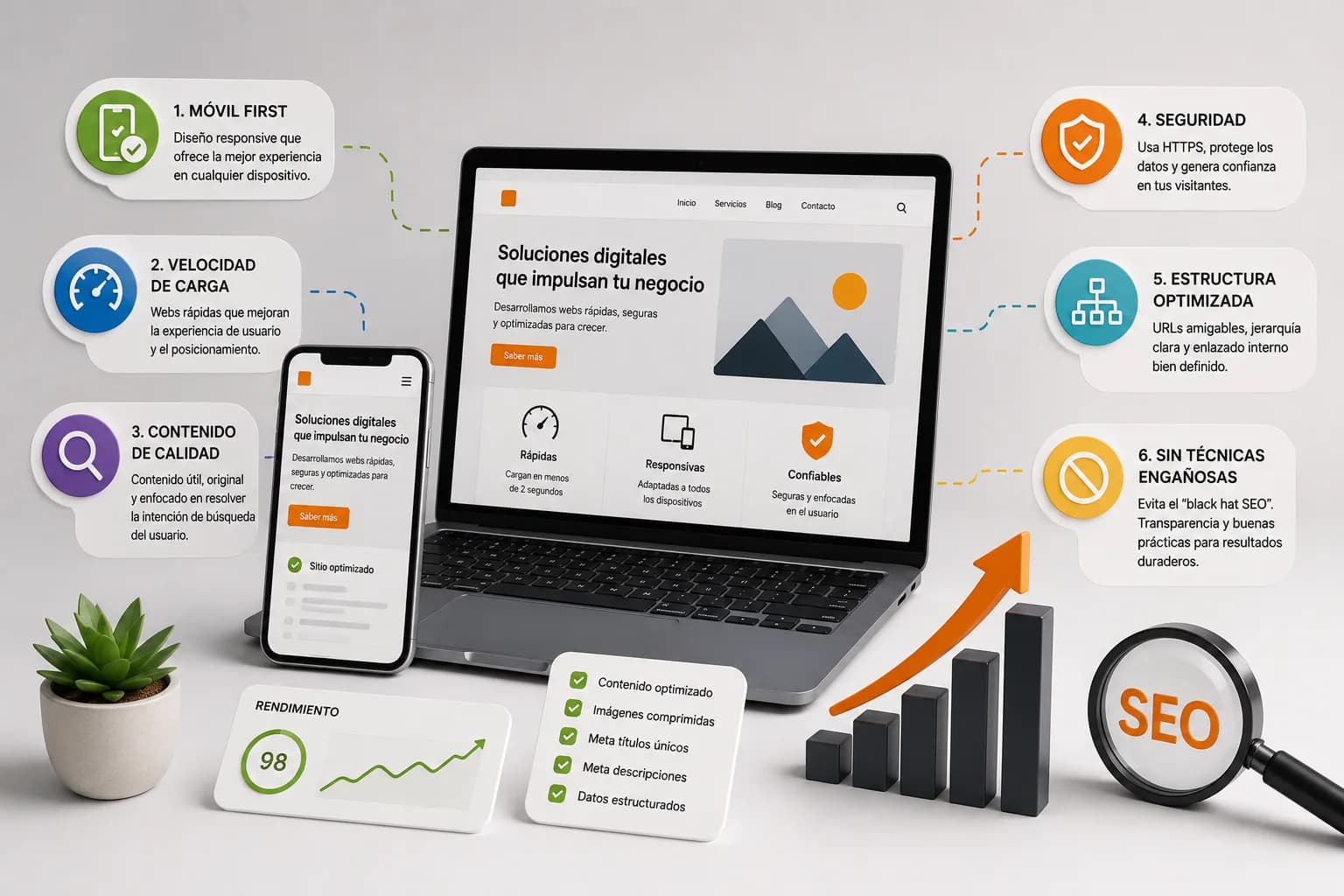 Buenas prácticas SEO aplicadas a una web rápida, responsive, segura y transparente, evitando técnicas engañosas