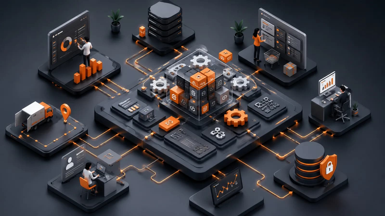 Representación isométrica de una plataforma de software a medida conectando procesos, datos y equipos de una empresa.