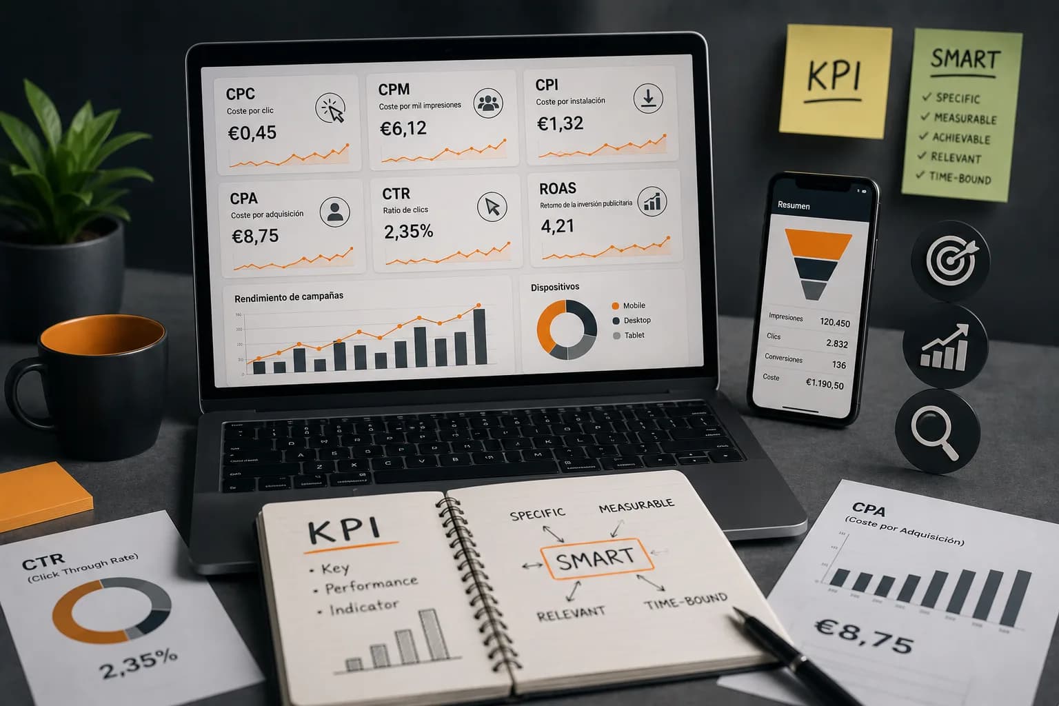 Indicadores KPI de marketing digital representados mediante gráficos de rendimiento, objetivos, costes, clics y conversiones