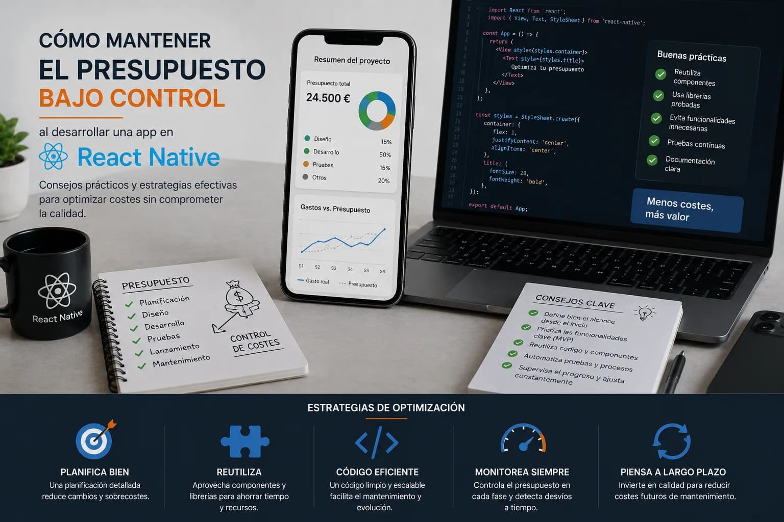 Estrategias para mantener bajo control el presupuesto de una app en React Native mediante planificación, reutilización de código, pruebas y seguimiento de costes